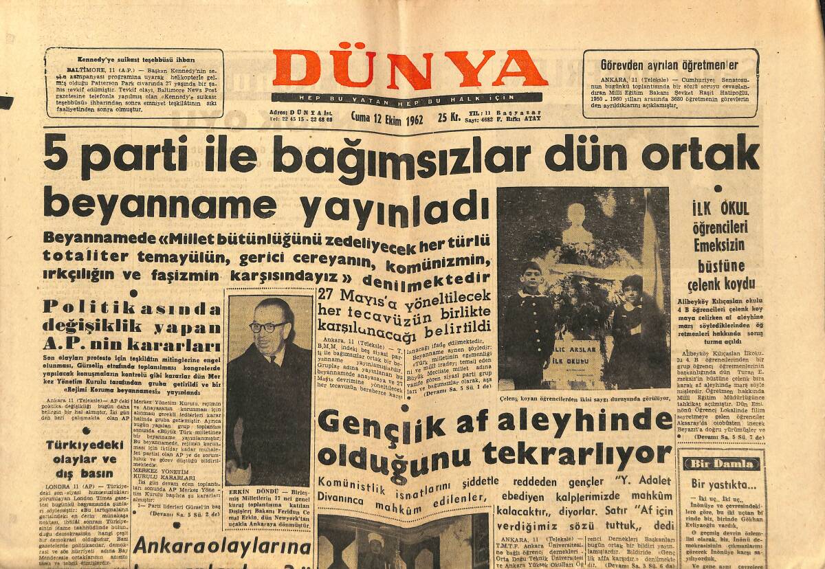 Dünya Gazetesi 12 Ekim 1962 - Yemen Suudi Arabistan İle Savaş Halinde - İran Veliahdı Prens Rıza GZ147925 - 1
