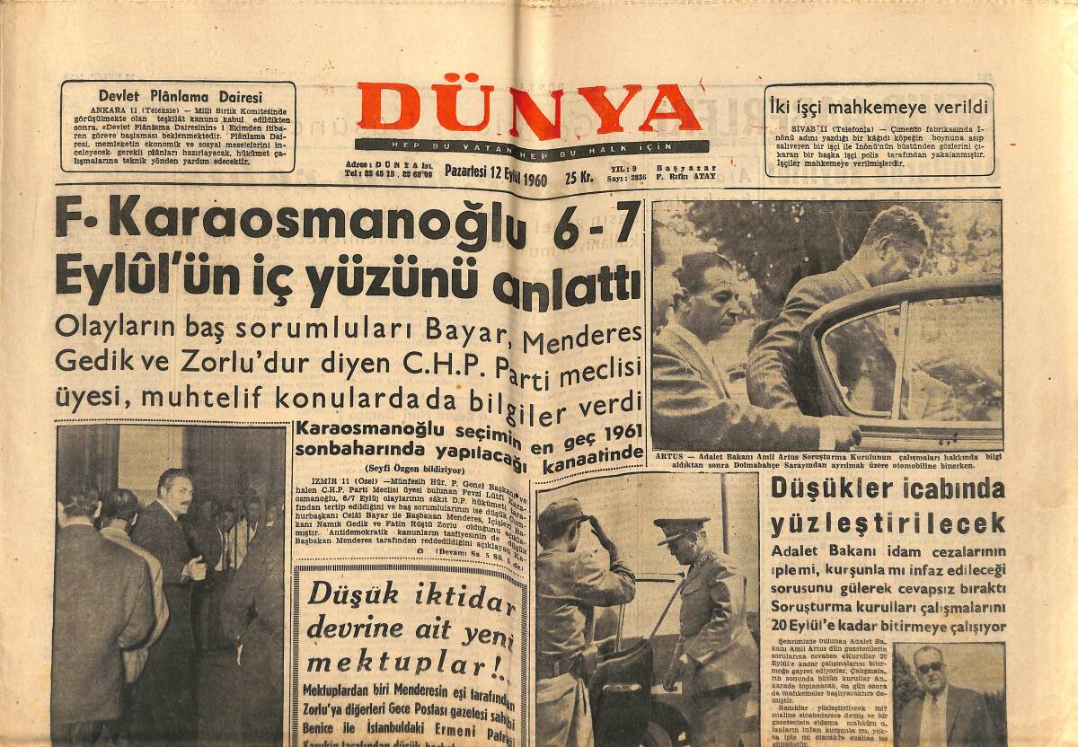 Dünya Gazetesi 12 Eylül 1960 - Bn. Menderes'in Zorlu'ya Mektubu - Yves Montand Yalanlıyor: Marilyn İle İki Samimi Arkadaşız GZ152193 - 1
