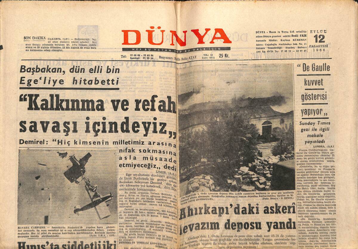 Dünya Gazetesi 12 Eylül 1966 - Johny Hallyday Bileklerini Kesti - M. Ali Clay: Türkiye'ye Geliyorum GZ151039 - 1