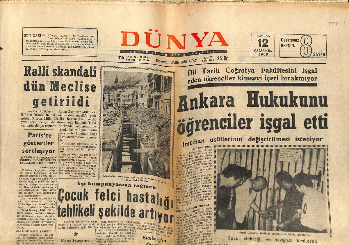 Dünya Gazetesi 12 Haziran 1968 - Ankara Hukukunu Öğrenciler İşgal Etti - Galatasaraylı Ergün Artık Film Çevirecek GZ150950 - 1