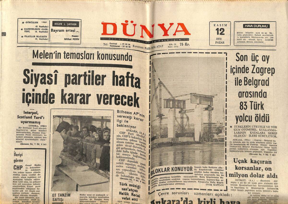 Dünya Gazetesi 12 Kasım 1972 - Son Üç Ay İçinde Zagrep İle Belgrad Arasında 83 Türk Yolcu Öldü GZ152242 - 1