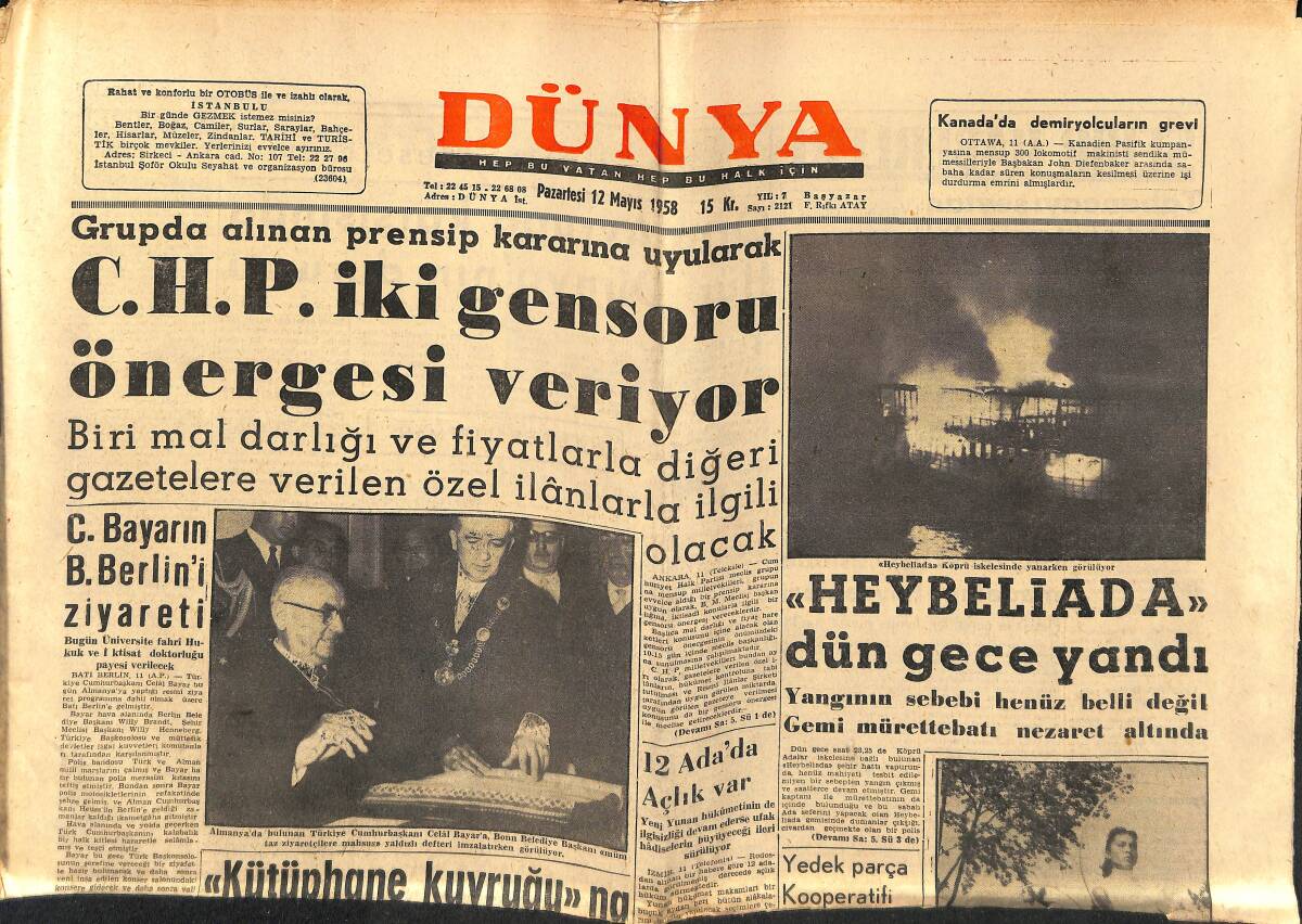 Dünya Gazetesi 12 Mayıs 1958 - Lefkoşe Türkleri Miting Yaptılar - Kandilli Lisesinden Mezun Olanlar GZ152235 - 1