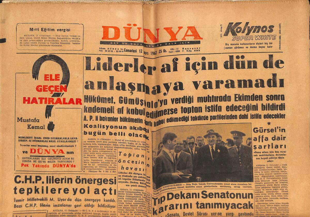 Dünya Gazetesi 12 Mayıs 1962 - Kennedy Azimli - Galatasaray 2-0 Stoke City - Lefter Kadroya Alınacak GZ151089 - 1