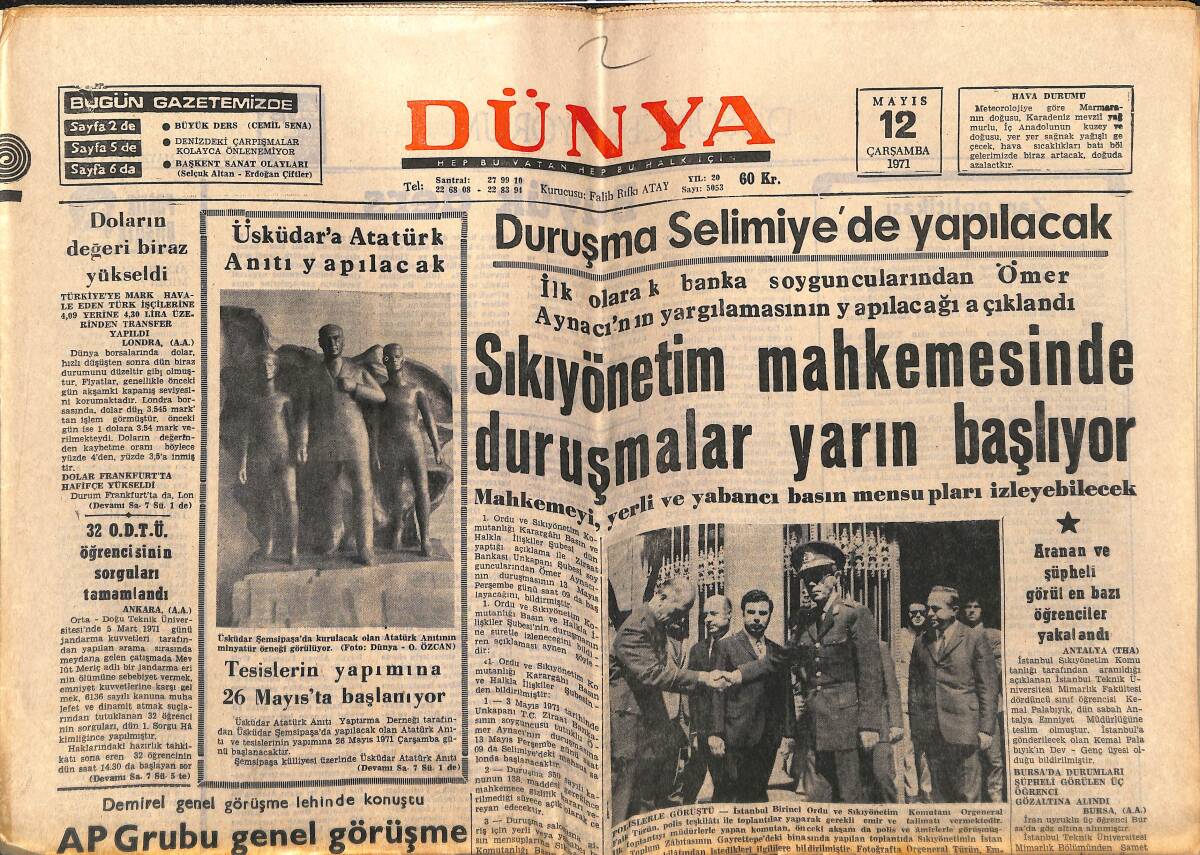Dünya Gazetesi 12 Mayıs 1971 - İnönü'nün Durumu Düzeliyor - Işık Kurt Bulgaristan'da GZ151056 - 1