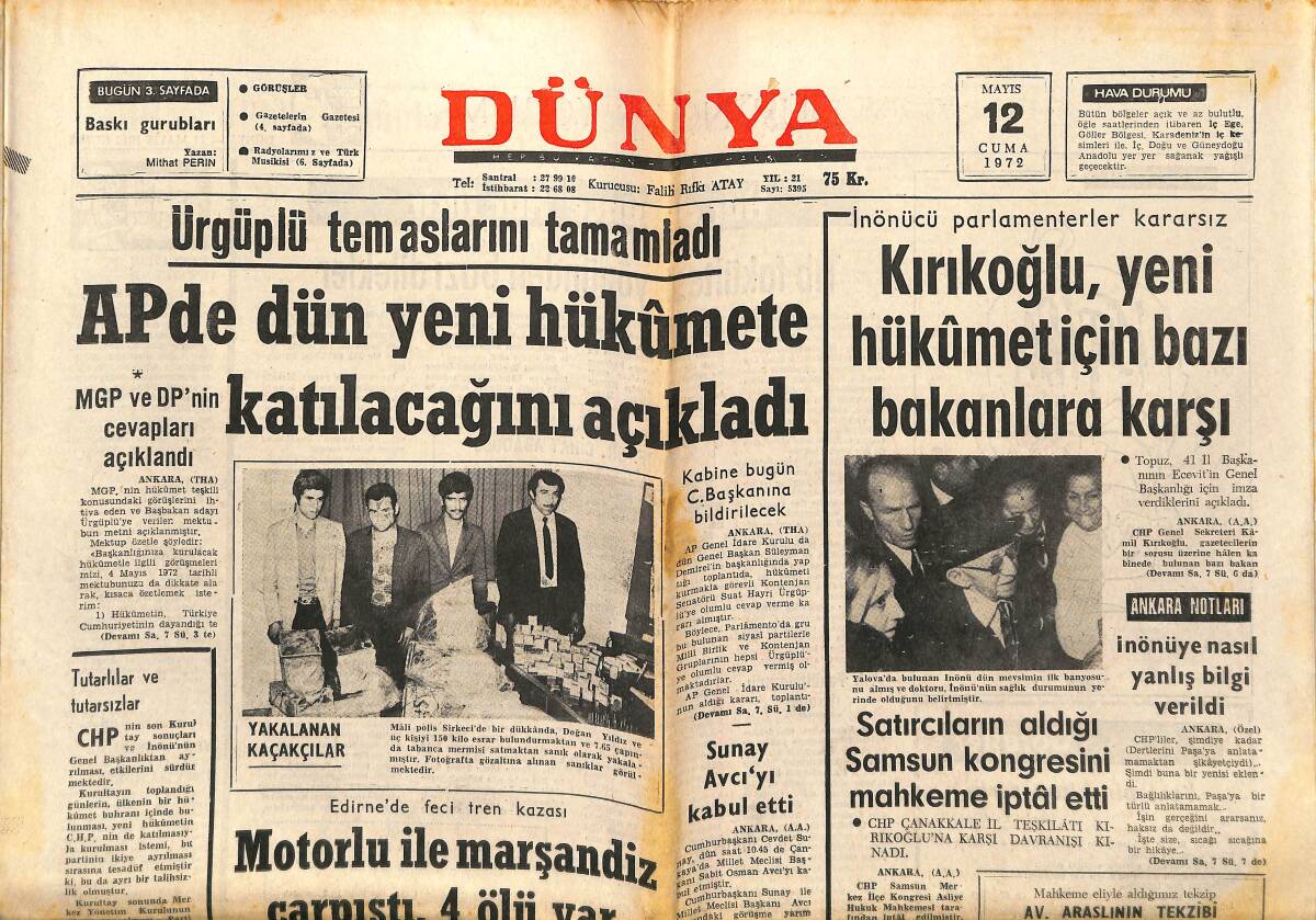 Dünya Gazetesi 12 Mayıs 1972 - Konservatuar Türk Musikisi Konseri - AP De Dün Yeni Hükümete Katılacağını Açıkladı GZ147912 - 1