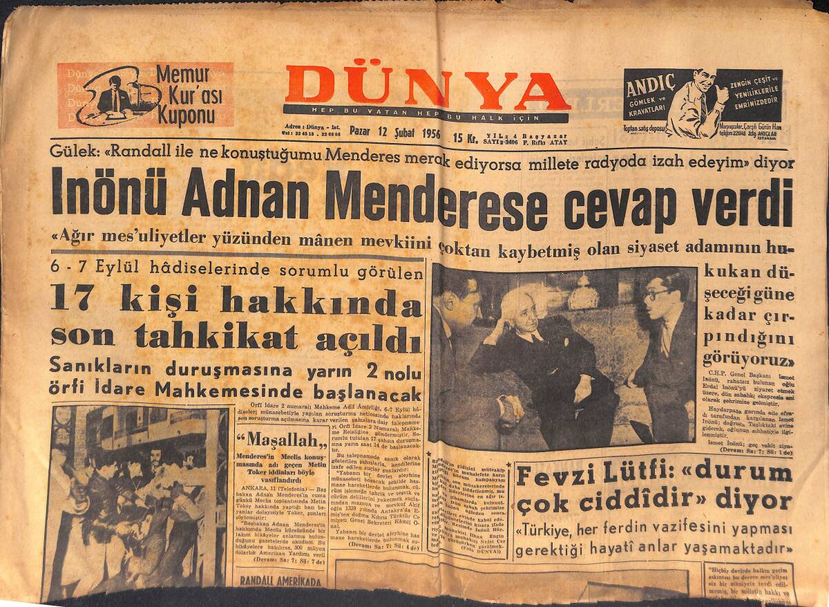 Dünya Gazetesi 12 Şubat 1956 - İnönü Adnan Menderese Karşılık Verdi - Kıbrıs'ta Dün Büyük Karışıklıklar Oldu GZ132749 - 1