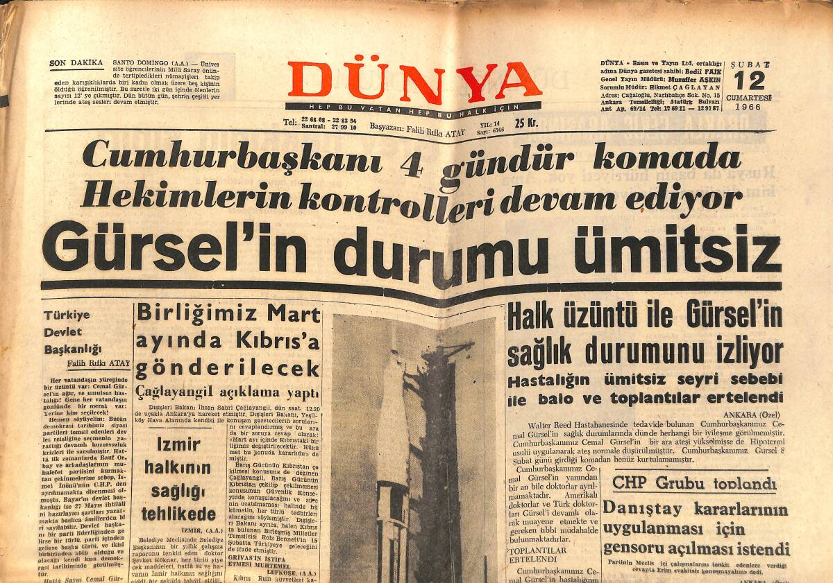 Dünya Gazetesi 12 Şubat 1966 - Gürsel'in Durumu Ümitsiz - Clay, Geri Zekalı Değilmiş GZ150835 - 1