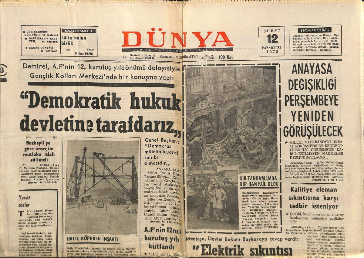 Dünya Gazetesi 12 Şubat 1973 - Anayasa Değişikliği Perşembeye Yeniden Görüşülecek - Başbakan Sarıyar'da İnceleme Yaptı GZ148306 - 1