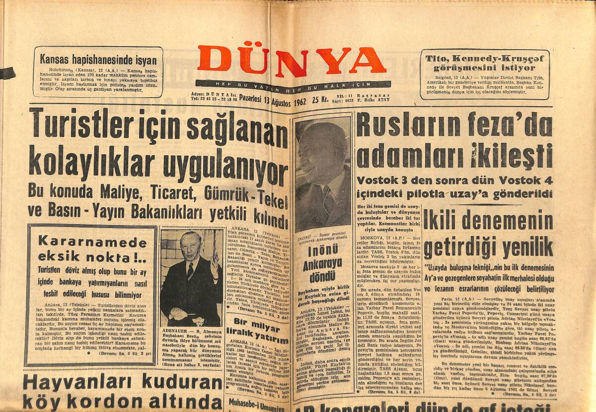 Dünya Gazetesi 13 Ağustos 1962 - İktisadi Devlet Teşekkülleri İçin Bakanlık İsteniyor - Bin Bella'cılar Cezayir Şehrine Girmek İstiyor GZ148046 - 1