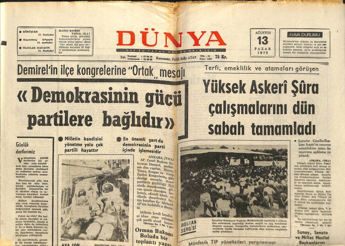 Dünya Gazetesi 13 Ağustos 1972 - Sophia Loren İkinci Defa Anne Mi Oluyor - New York Bombalar Altında GZ147960 - 1