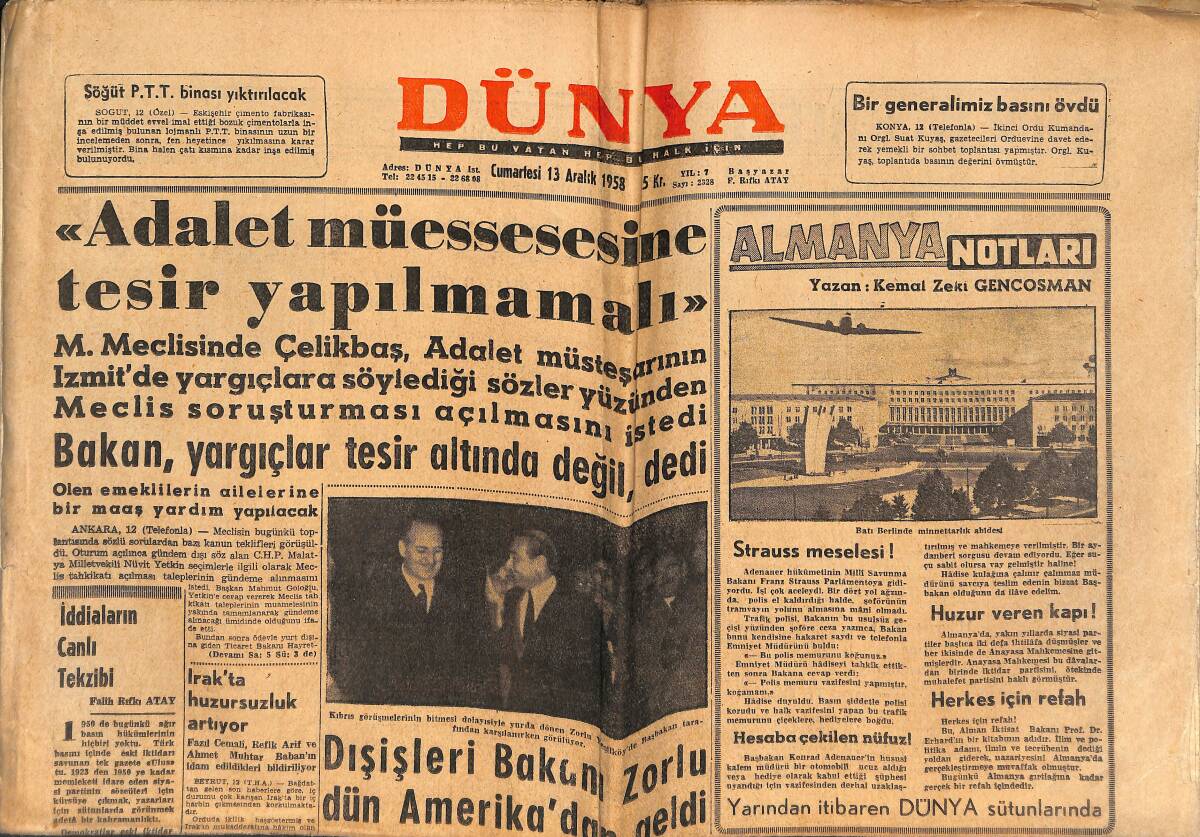 Dünya Gazetesi 13 Aralık 1958 - Dışişleri Bakanı Zorlu, Amerika'dan Geldi - Berlin İçin Rusya Tehdit Savuruyor GZ151104 - 1
