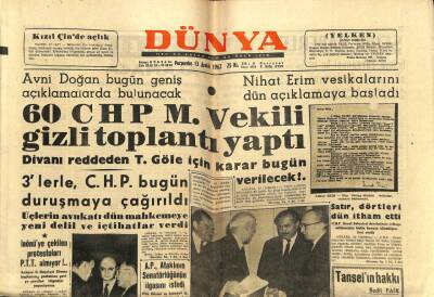 Dünya Gazetesi 13 Aralık 1962 - 60CHP Milletvekili Gizli Toplantı Yaptı GZ68264 - 1