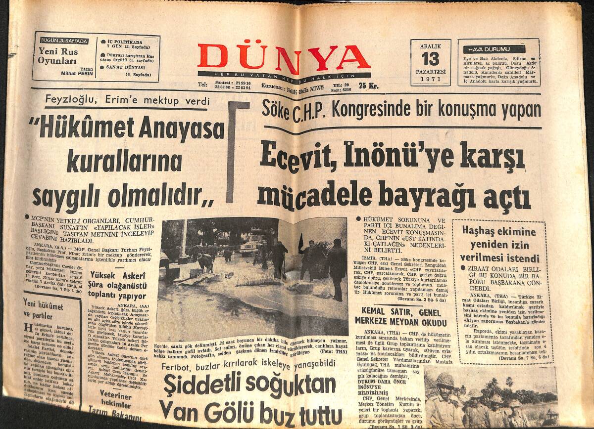 Dünya Gazetesi 13 Aralık 1971 - Ecevit, İnönü'ye Karşı Mücadele Bayrağı Açtı - Ganj Üzerindeki Büyük Köprü Havaya Uçuruldu! GZ146315 - 1