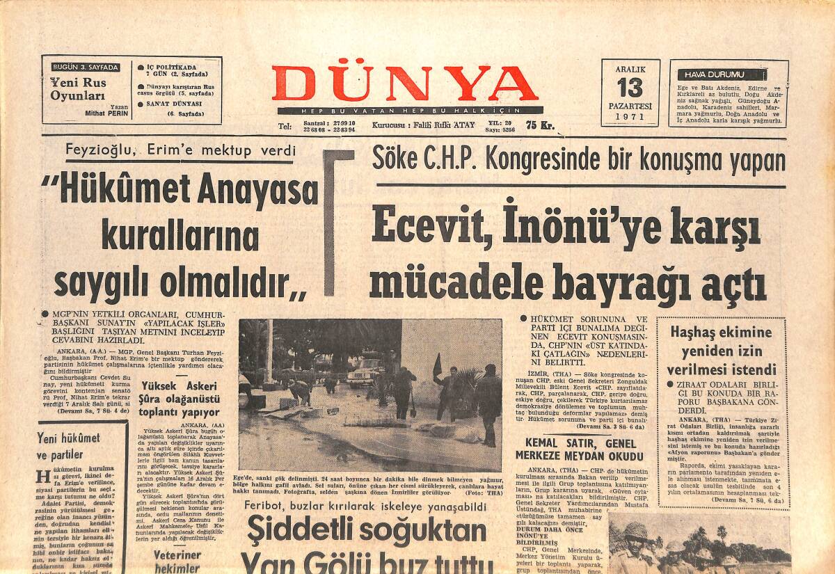 Dünya Gazetesi 13 Aralık 1971 - Ecevit, İnönü'ye Karşı Mücadele Bayrağı Açtı - Şiddetli Soğuktan Van Gölü Buz Tuttu GZ143650 - 1