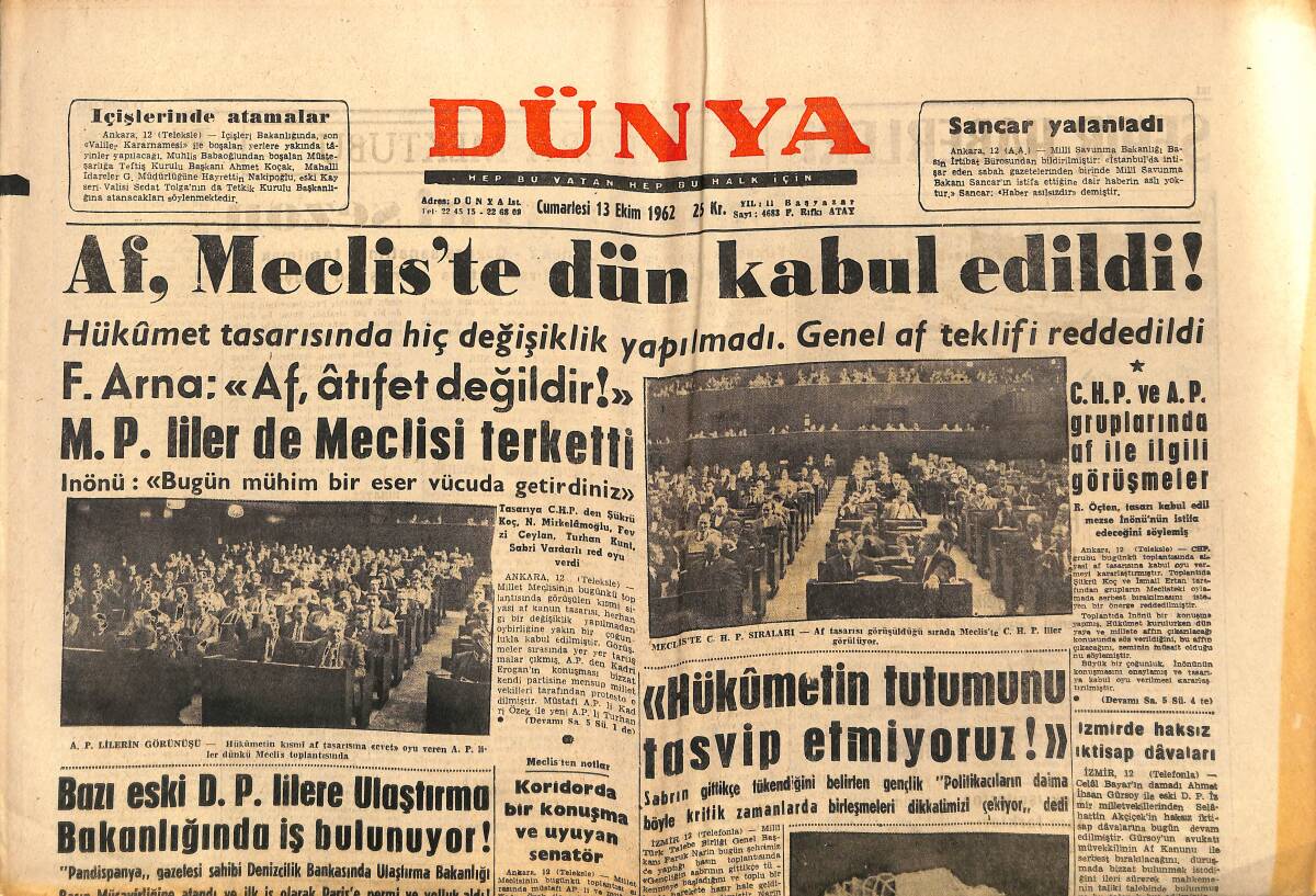Dünya Gazetesi 13 Ekim 1962 - Gina: Çok Dikkatli Bulun - Amerika'nın Yeni Ticaret Politikası GZ149331 - 1