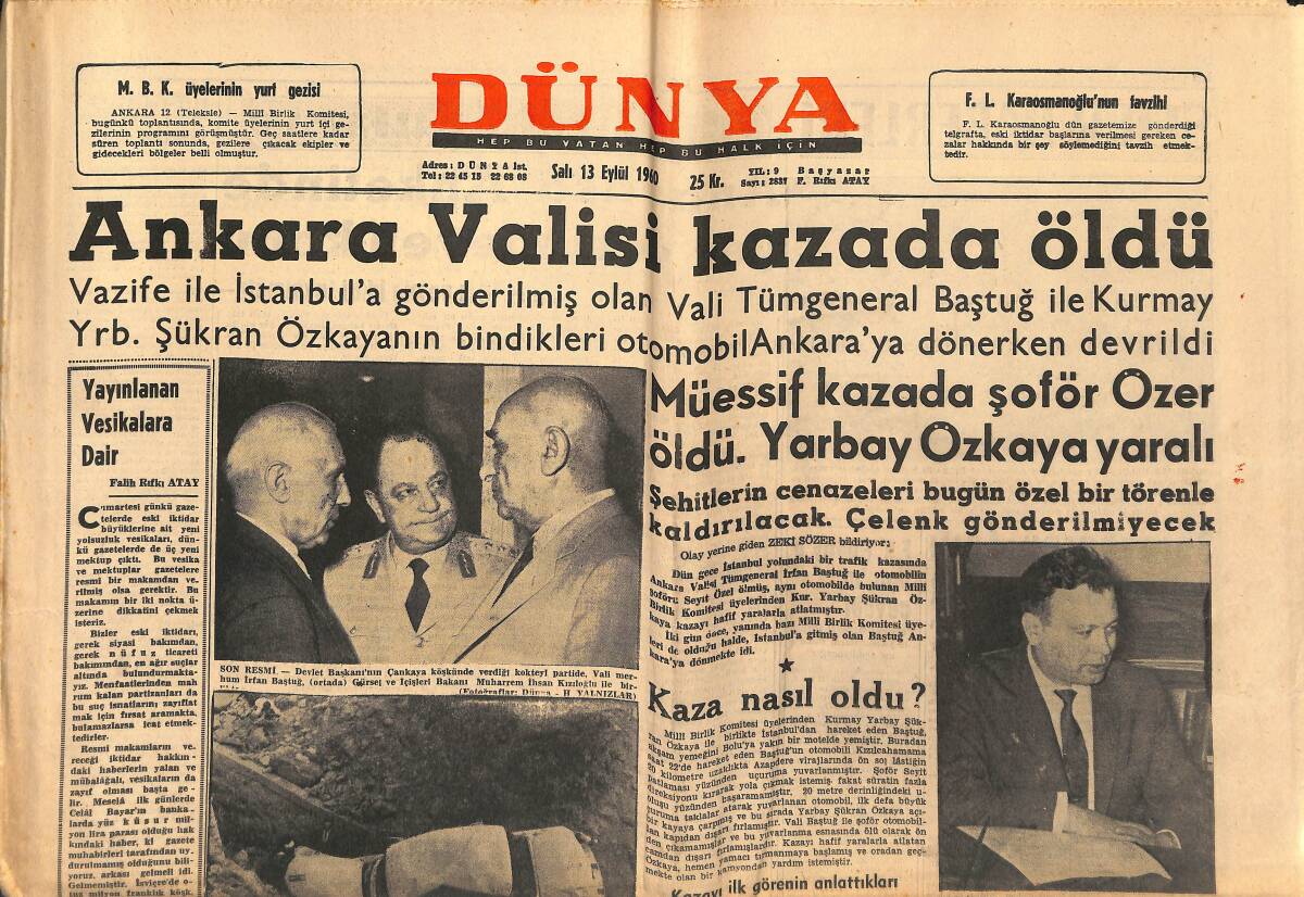 Dünya Gazetesi 13 Eylül 1960 - Ankara Valisi Kazada Öldü - Menderes'in Gayri Meşru Çocuğuna Ait Soruşturma Bitti GZ152194 - 1