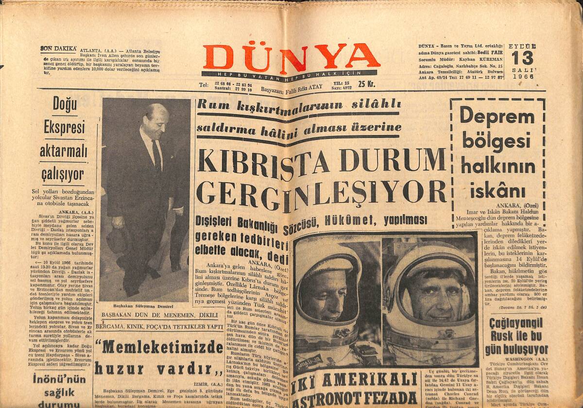 Dünya Gazetesi 13 Eylül 1966 - İki Amerikalı Astronot Fezada - Alman Kızlarının Hedefi Evlenmek GZ151038 - 1