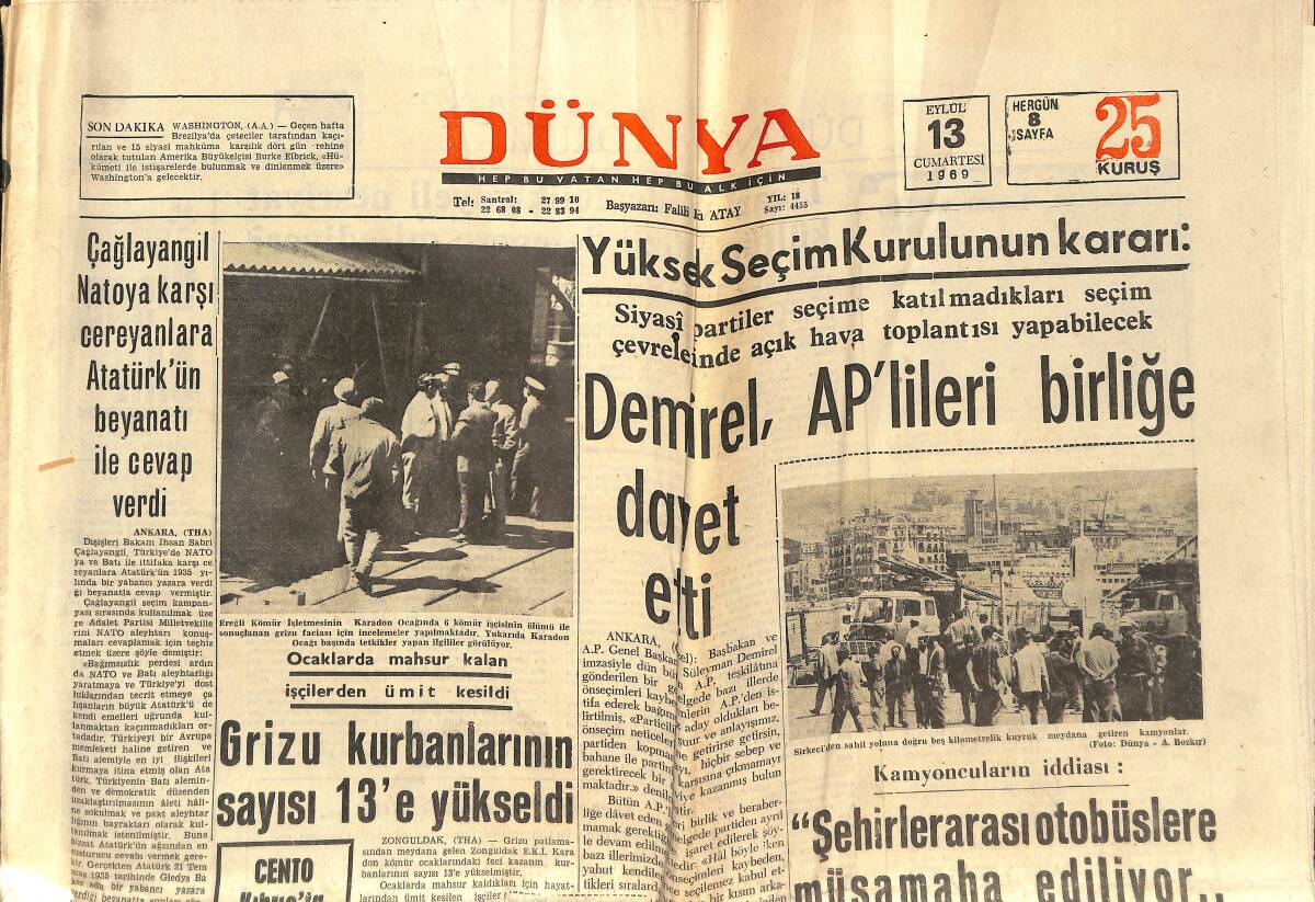 Dünya Gazetesi 13 Eylül 1969 - Hollywood'da Şeytan Kol Gezmeye Başladı - Çağlayangil NATO'ya Karşı Cereyanlara Atatürk'ün Beyanatı İle Cevap Verdi GZ152385 - 1
