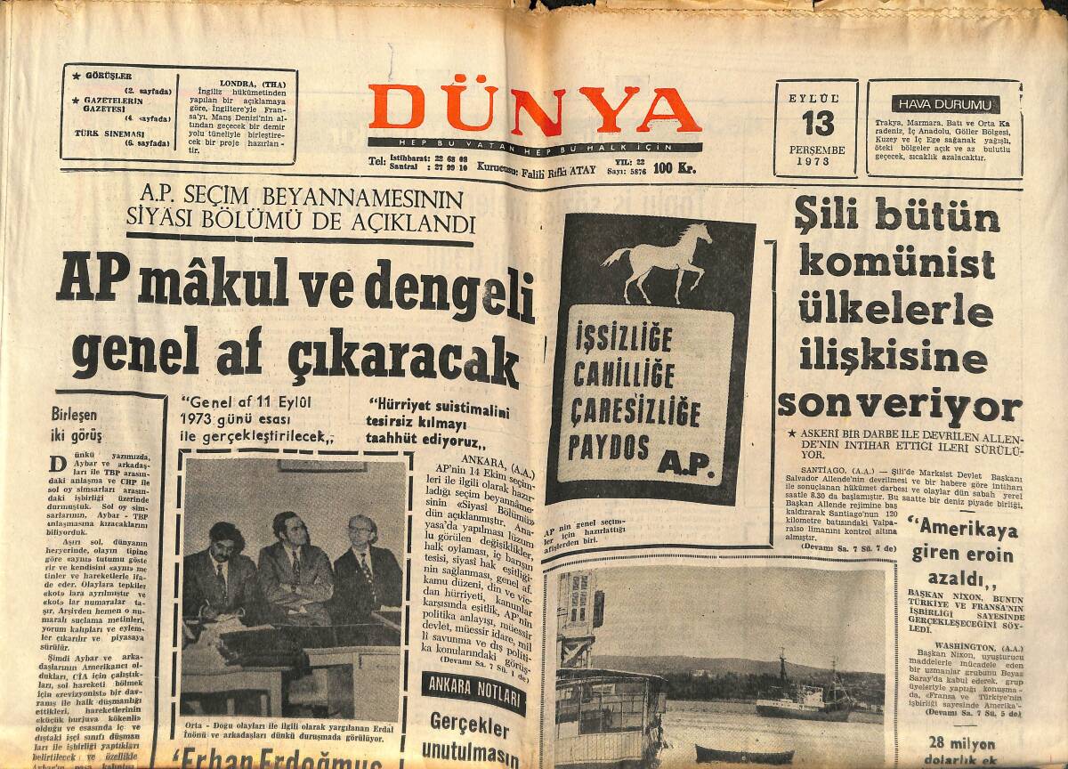 Dünya Gazetesi 13 Eylül 1973 - Filiz Akın'dan Sonra Mine Mutlu Ve Meral Zeren De Hastanelik - Salih Güney'in Sete Dönmeye Niyeti Yok GZ151000 - 1