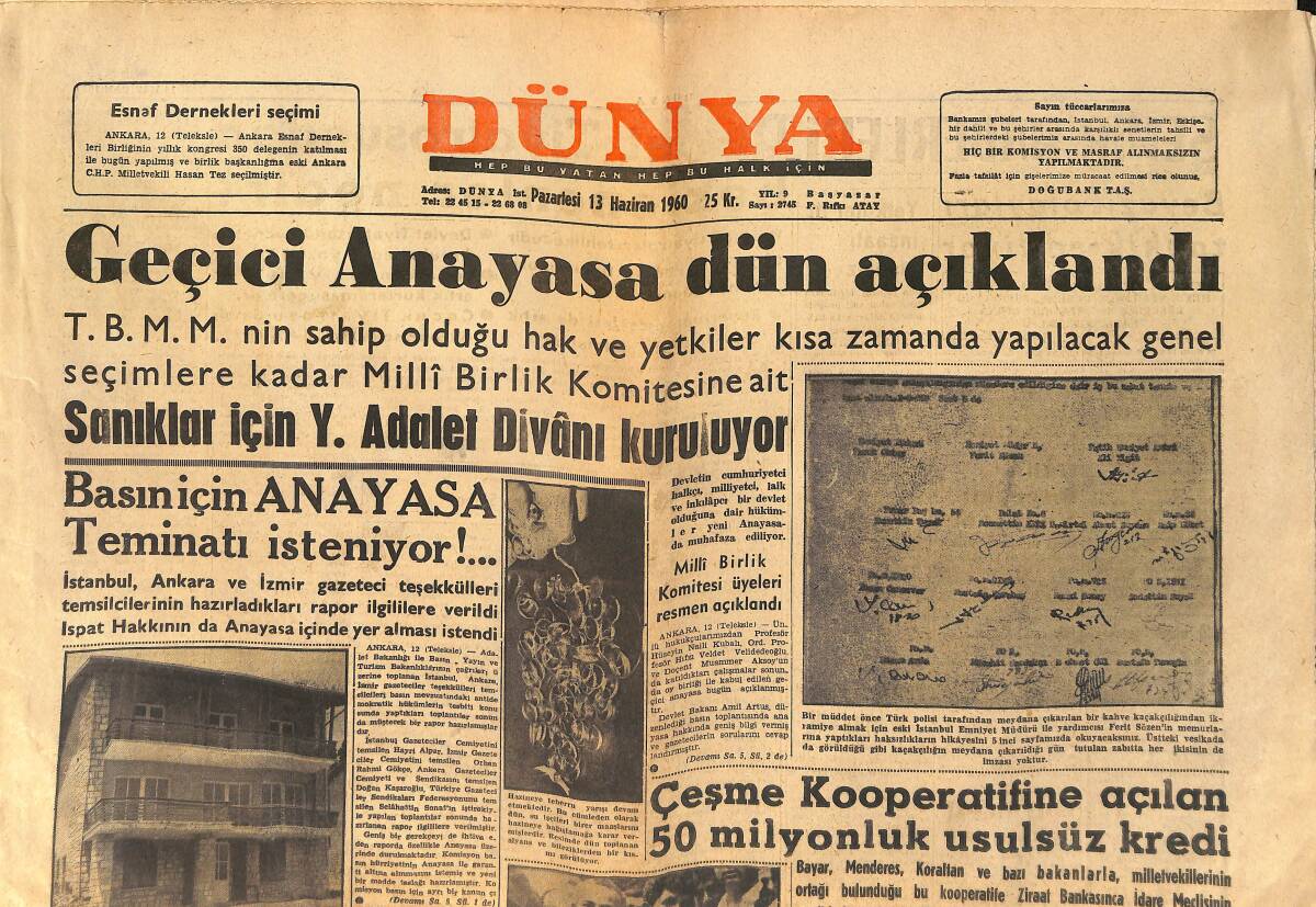 Dünya Gazetesi 13 Haziran 1960 - Geçici Anayasa Dün Açıklandı - ABD Türkiye'ye Bir Milyar Lira Veriyor GZ154009 - 1