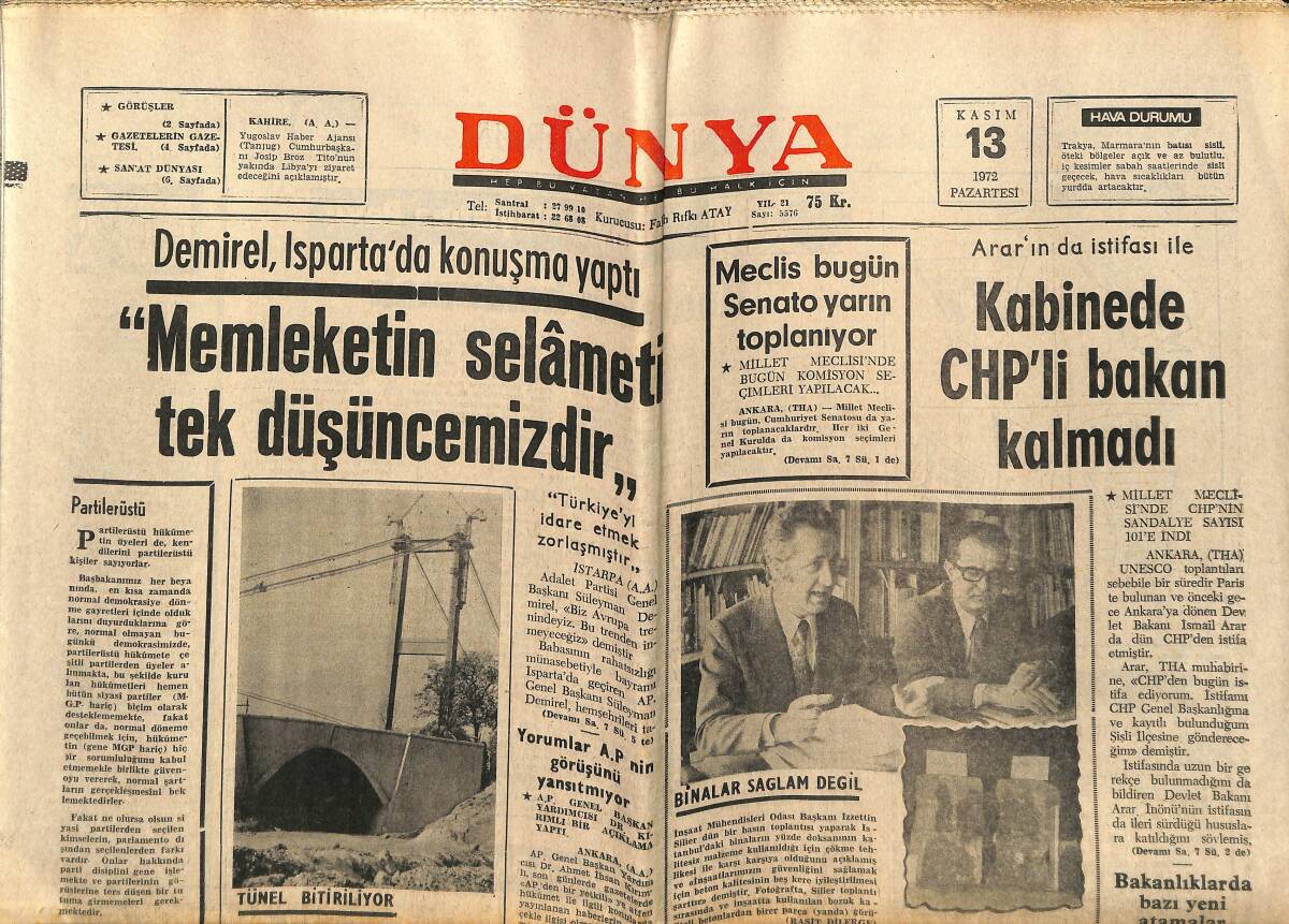 Dünya Gazetesi 13 Kasım 1972 - Feride Diba Ankara'ya Geldi - Kuzey Vietnam İle Amerika Anlaşacak GZ152241 - 1