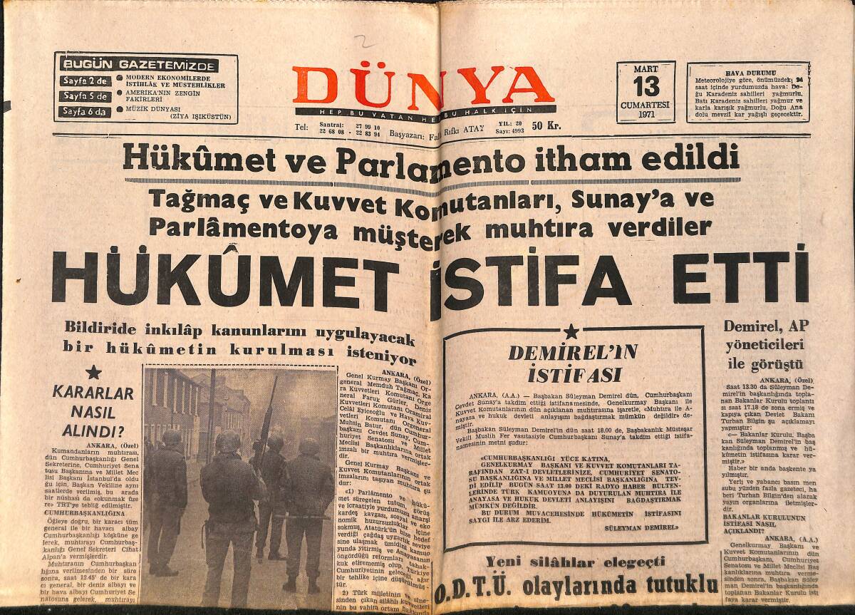 Dünya Gazetesi 13 Mart 1971 - Hükümet İstifa Etti - Etiler'de Şiddetli Patlama GZ157928 - 1