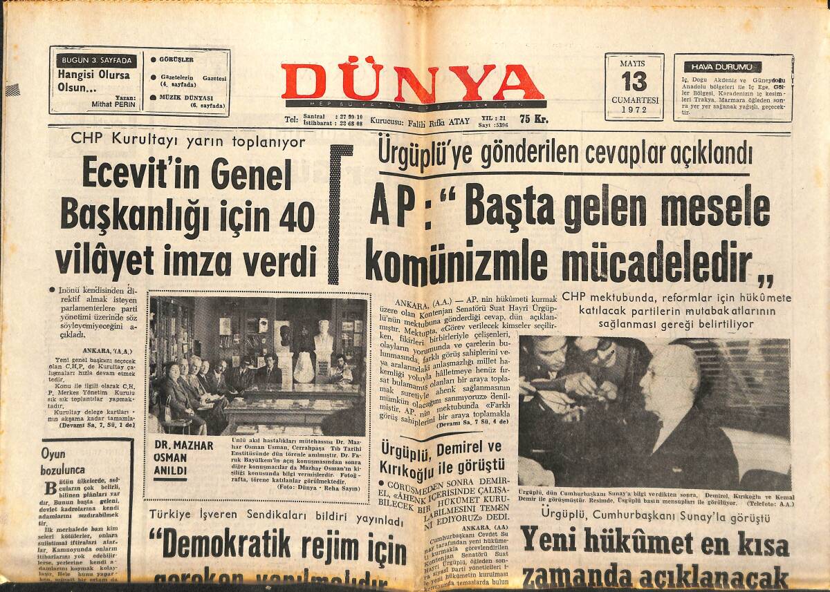 Dünya Gazetesi 13 Mayıs 1972 - Ecevit'in Genel Başkanlığı İçin 40 Vilayet İmza Verdi - Selda Müzik Elçisi Seçildi GZ147913 - 1