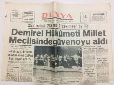 Dünya Gazetesi 13 Nisan 1975 - Demirel Hükümeti Millet Meclisinden Güvenoyu Aldı GZ71005 - 1