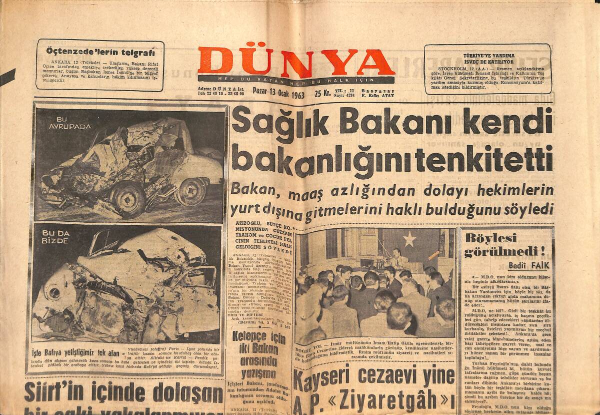 Dünya Gazetesi 13 Ocak 1963 - Doç. Feyyaz Berkay Mahkum Oldu - Kral Faysal 1957 Yılında Gizli Evlenmiş GZ152535 - 1