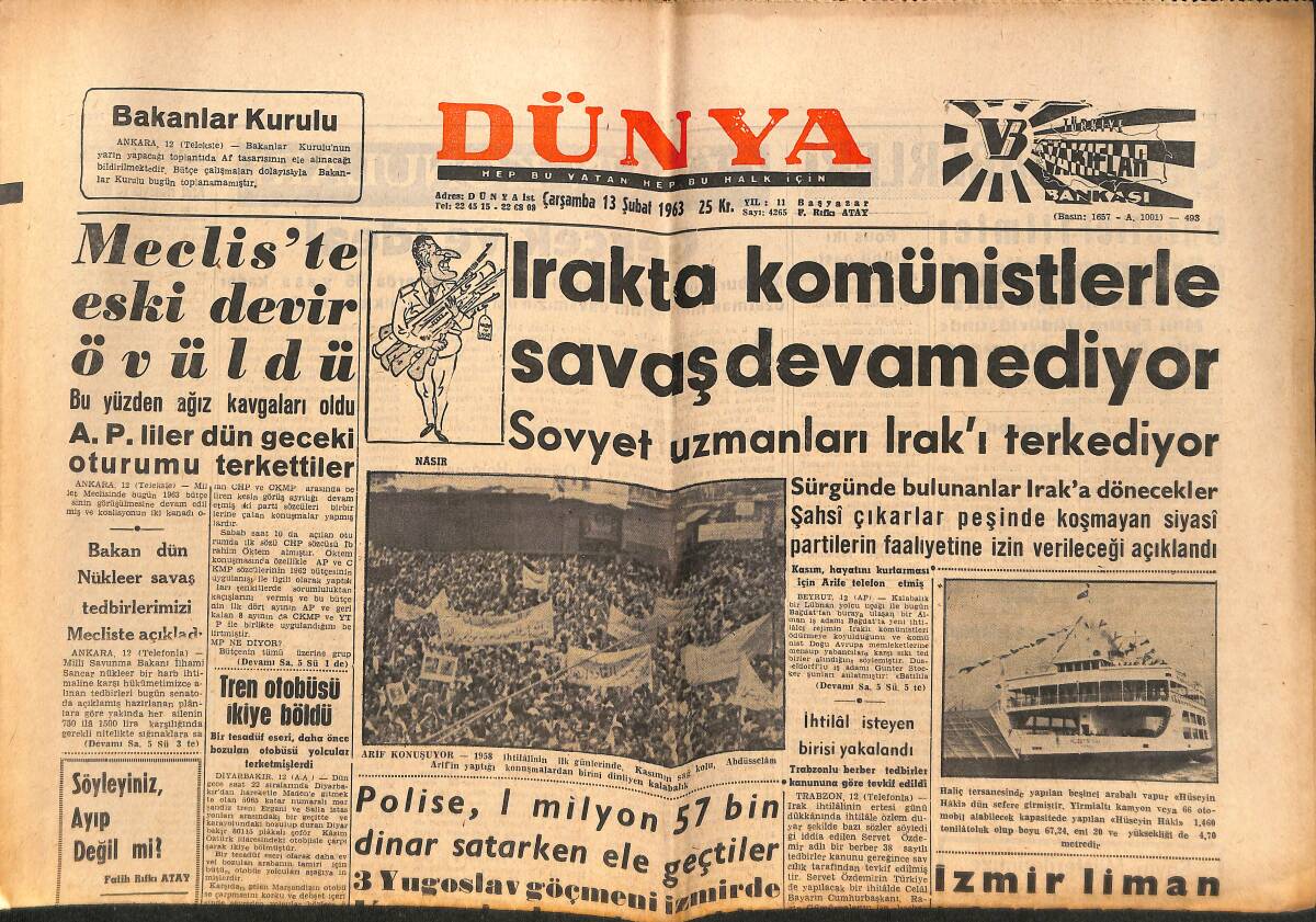 Dünya Gazetesi 13 Şubat 1963 - Irak'ta Komünistlerle Savaş Devam Ediyor - Kavel'de Dün de Anlaşma Olmadı GZ150520 - 1