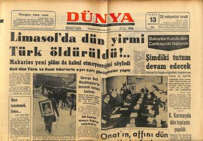 Dünya Gazetesi 13 Şubat 1964 - Limasolda 20 Türk Öldürüldü GZ68198 - 1