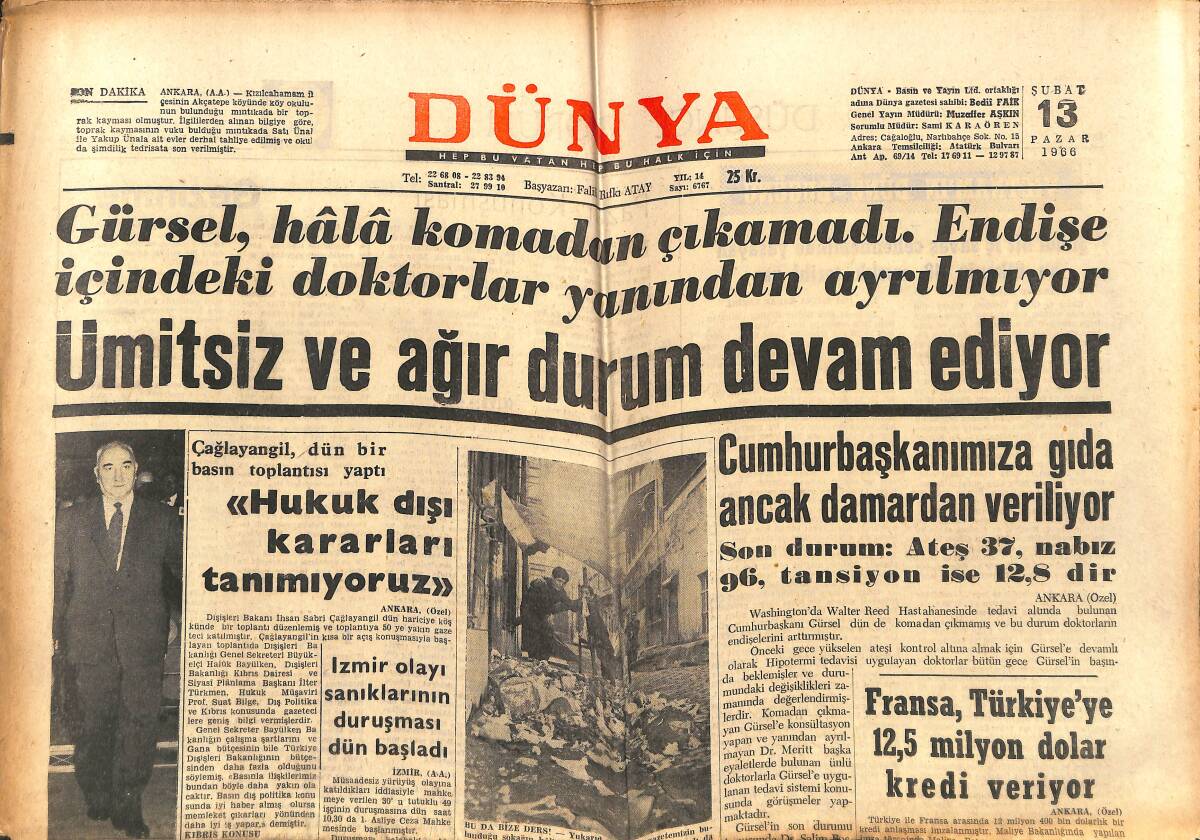 Dünya Gazetesi 13 Şubat 1966 - Gürsel Hala Komadan Çıkamadı - İmam Hatip Okulları Modern Hale Getiriliyor GZ150820 - 1