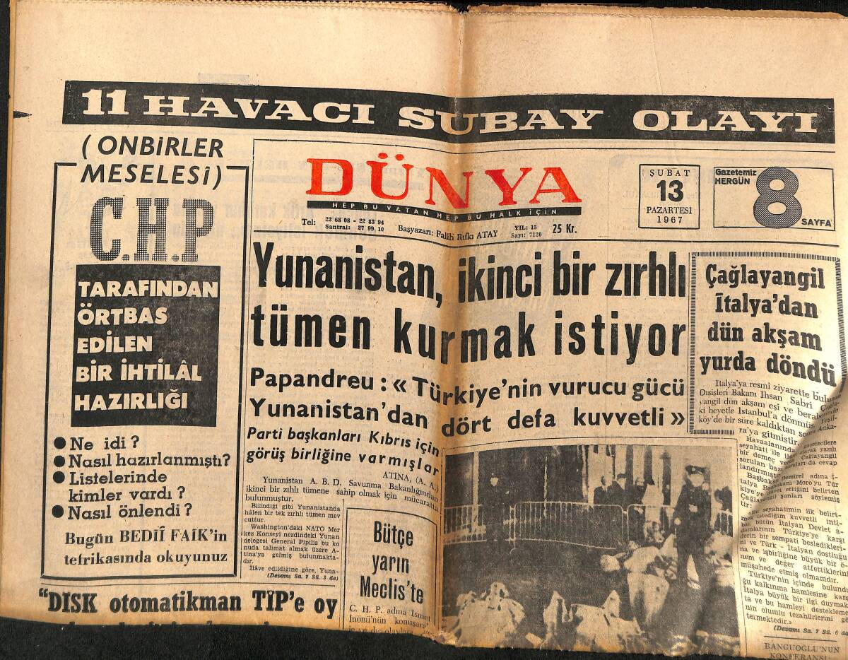 Dünya Gazetesi 13 Şubat 1967 - Yunanistan İkinci Bir Zırhlı Tümen Kurmak İstiyor - Clay, Rakiplerini İpnotize Ediyormuş GZ149339 - 1