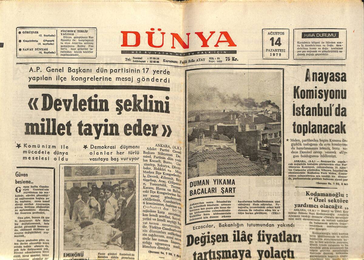 Dünya Gazetesi 14 Ağustos 1972 - Kurt Waldheim Birleşmiş Milletler'i Göreve Çağırdı - Vietnam Savaşının En Şiddetli Hava Akını Cumartesi Yapıldı GZ147964 - 1