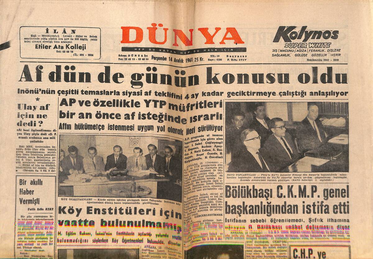 Dünya Gazetesi 14 Aralık 1961 - Çukurova'da Yağmur Hasara Sebep Oluyor GZ152472 - 1
