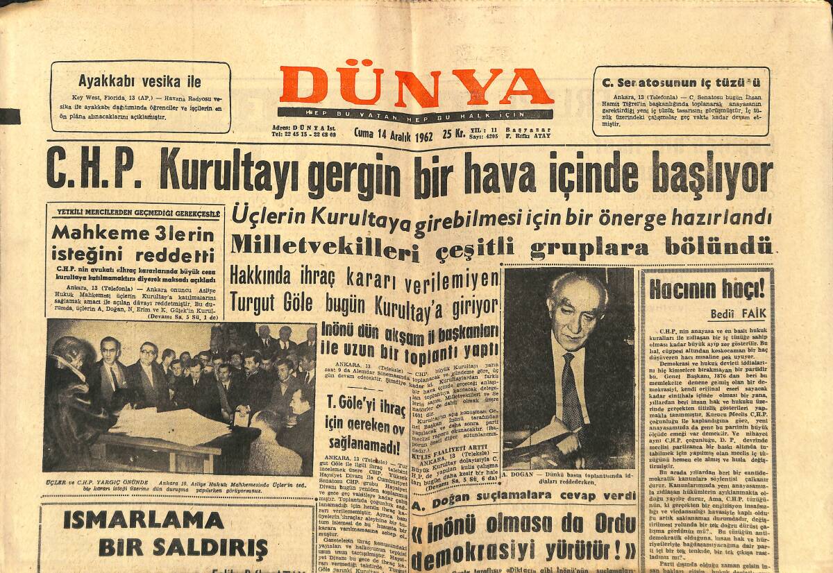 Dünya Gazetesi 14 Aralık 1962 - Metin Oktay'a İçki Ve Sigara Yasak Edildi - Çamlıca'nın İmar Planı Hazırlanıyor GZ147926 - 1