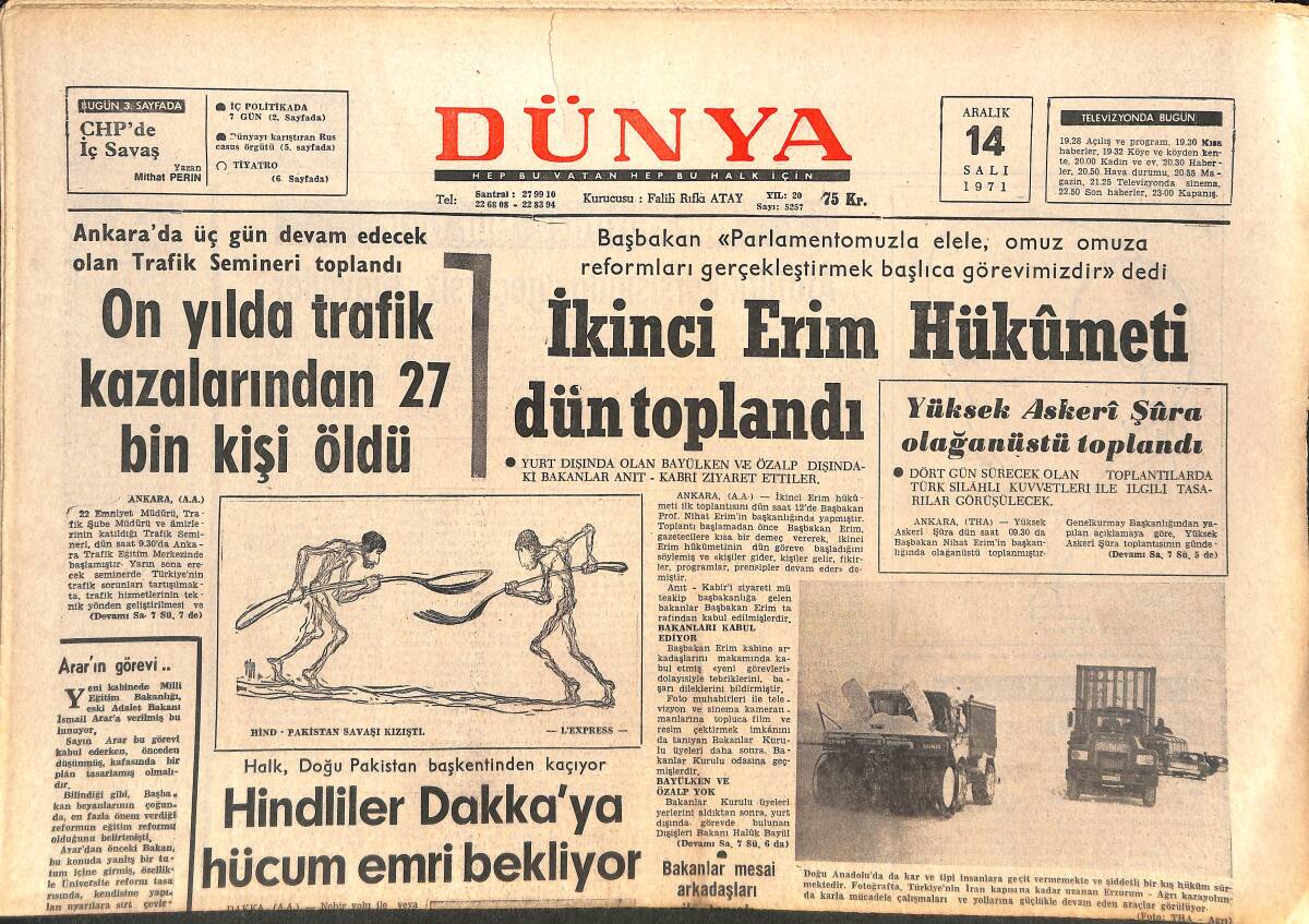 Dünya Gazetesi 14 Aralık 1971 - Hindliler Dakka'ya Hücum Emri Bekliyor - Nixon Yeni Bir Düzenin Temelini Atma Çabasında GZ143649 - 1