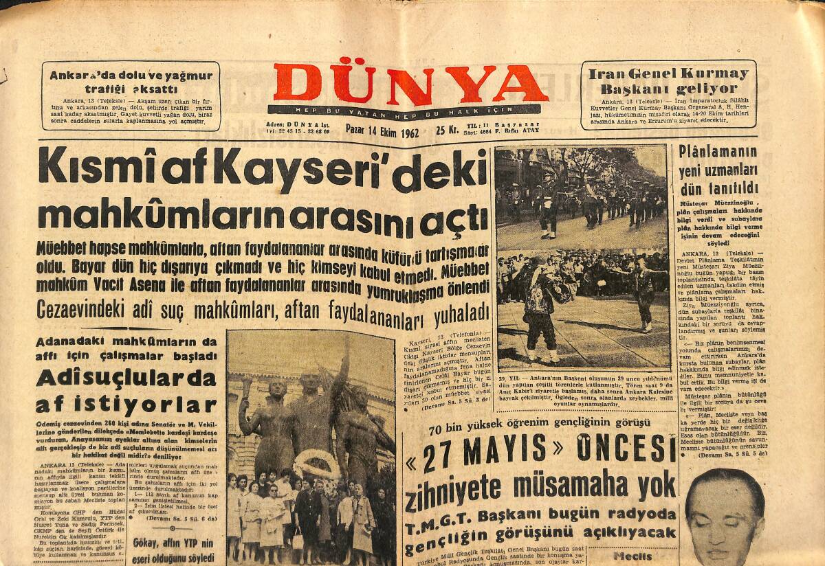 Dünya Gazetesi 14 Ekim 1962 - Yemen'de İç Harb - Kısmi Af Kayseri'deki Mahkumların Arasını Açtı GZ148050 - 1