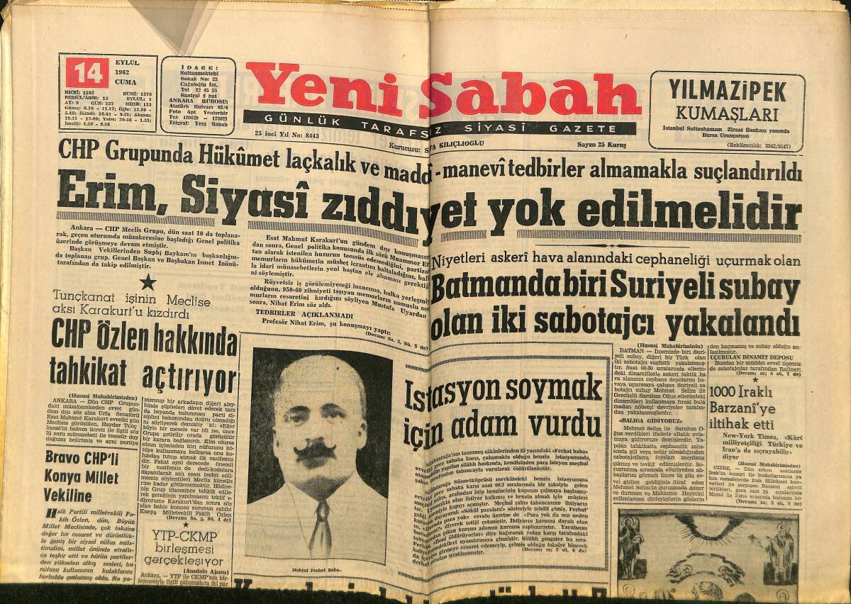 Yeni Sabah Gazetesi 14 Eylül 1962 - Real Madrid İçin Çanlar Çalıyor - CHP, Özlen Hakkında Tahkikat Açtırıyor GZ148231 - 1