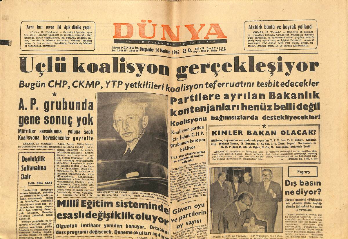 Dünya Gazetesi 14 Haziran 1962 - Beşiktaş Fenerbahçe'yi Dün Yine Mağlup Etti - Batılılar D. Almanya'yı Yıkmak İstiyorlar GZ147901 - 1