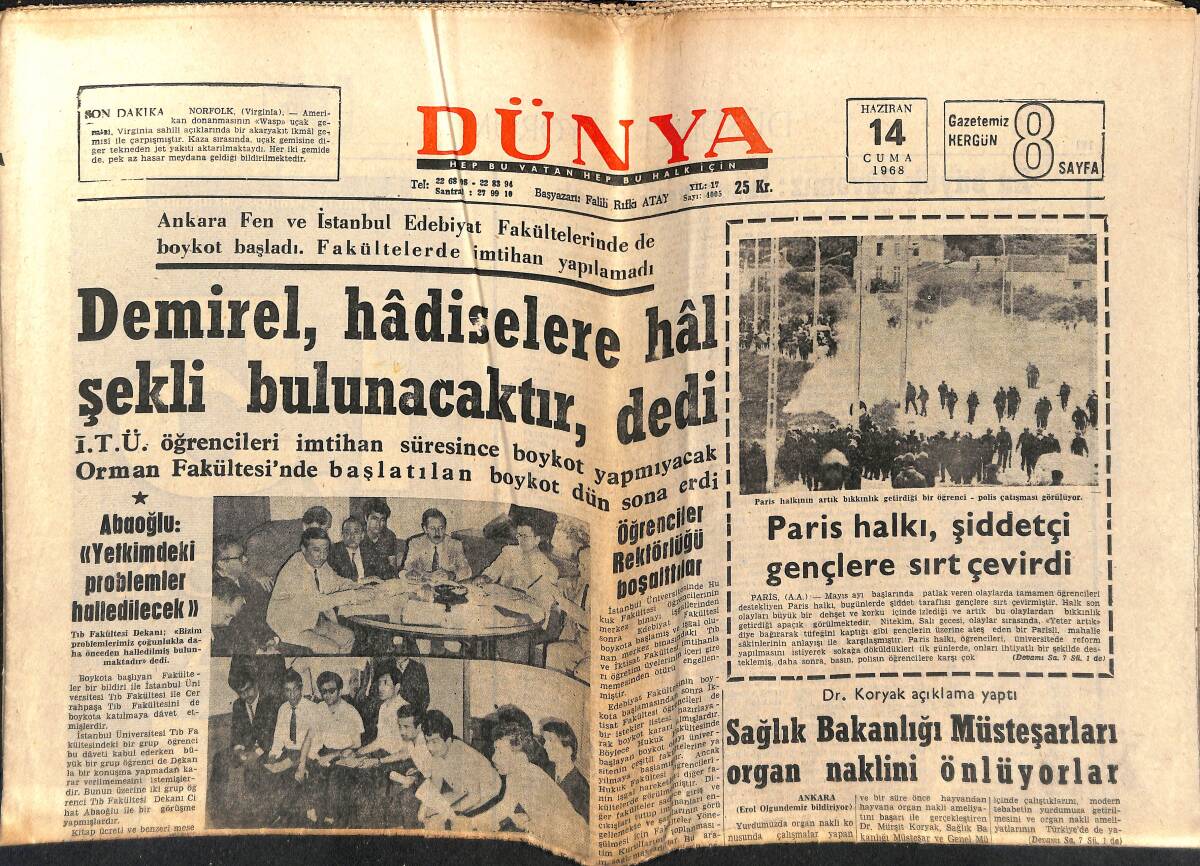 Dünya Gazetesi 14 Haziran 1968 - Demirel, Hadiseler Hal Şekli Bulunacaktır, Dedi - Liz Taylor İçin Yüzük GZ151067 - 1