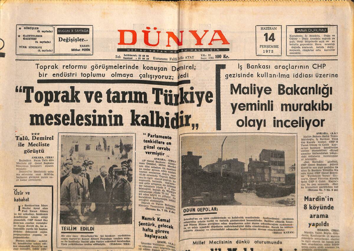 Dünya Gazetesi 14 Haziran 1973 - Akdeniz Festivaline Efes Ve Bergama'da Devam Edildi - Ofis Bu Yıl 100 Bin Ton Pirinç İthal Edebilecek GZ149245 - 1