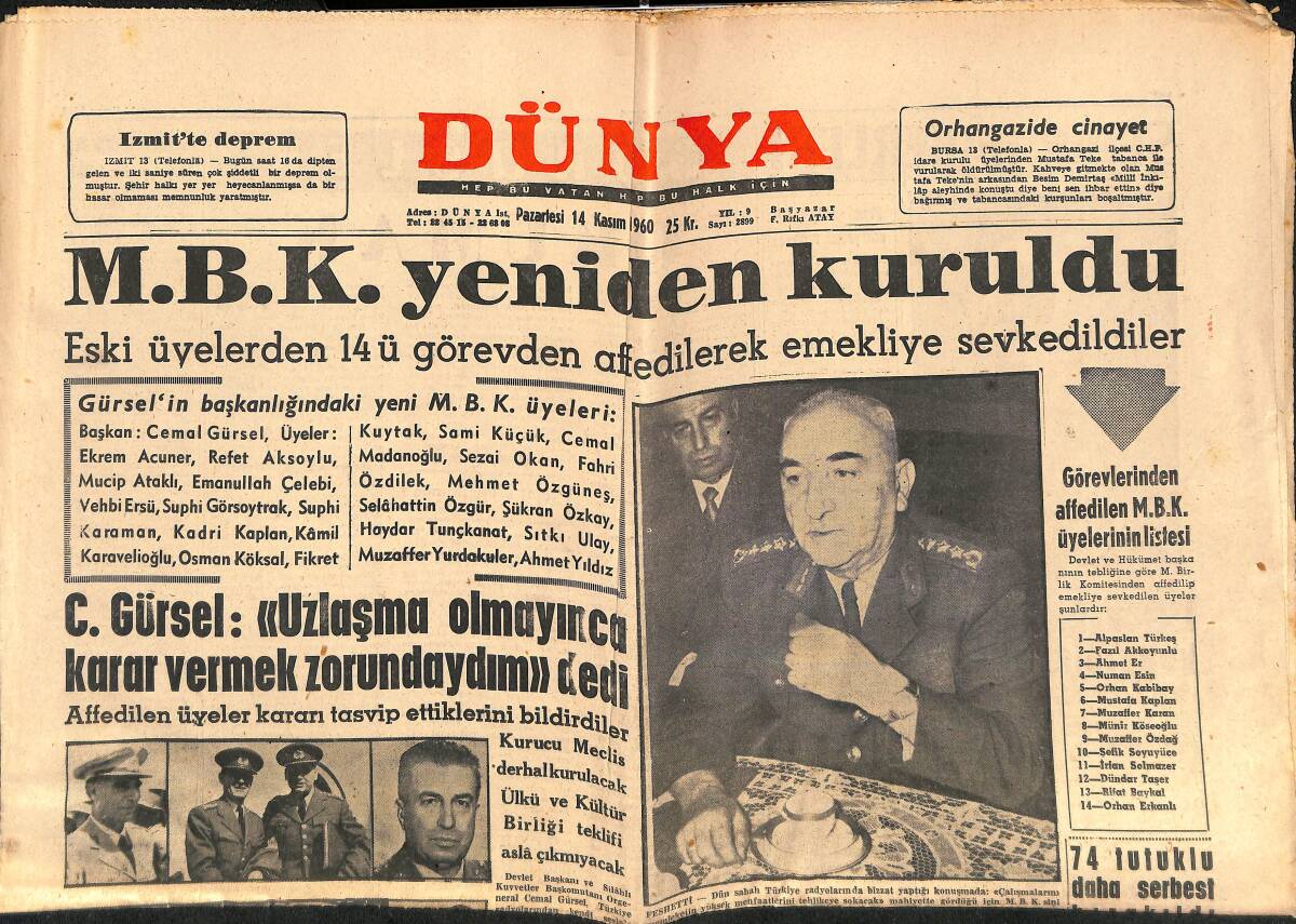 Dünya Gazetesi 14 Kasım 1960 - Jayne Mansfield Ve Büstü - İstanbul Emniyet Müdürü Görevine Başladı GZ150894 - 1