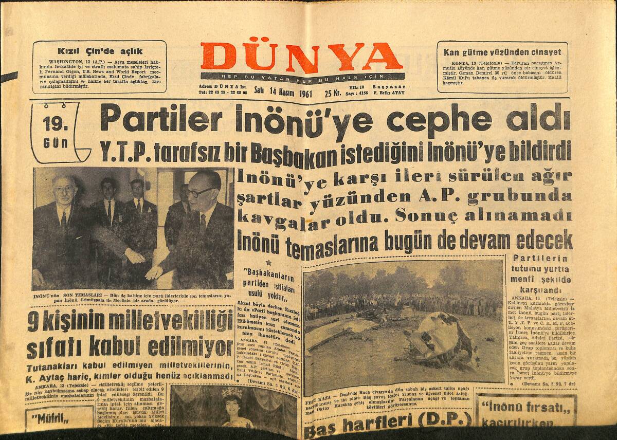 Dünya Gazetesi 14 Kasım 1961 - Partiler İnönü'ye Cephe Aldı - Nazım Ulusoy Vefat Etti GZ148124 - 1