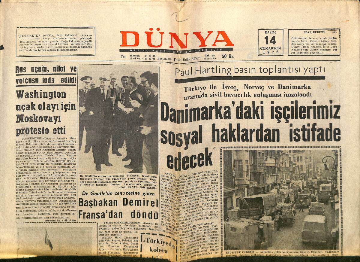 Dünya Gazetesi 14 Kasım 1970 - Granada'nın Yaratıcısı Augustin Lara Öldü - Danimarka'daki İşçilerimiz Sosyal Haklarından İstifade Edecek GZ148188 - 1