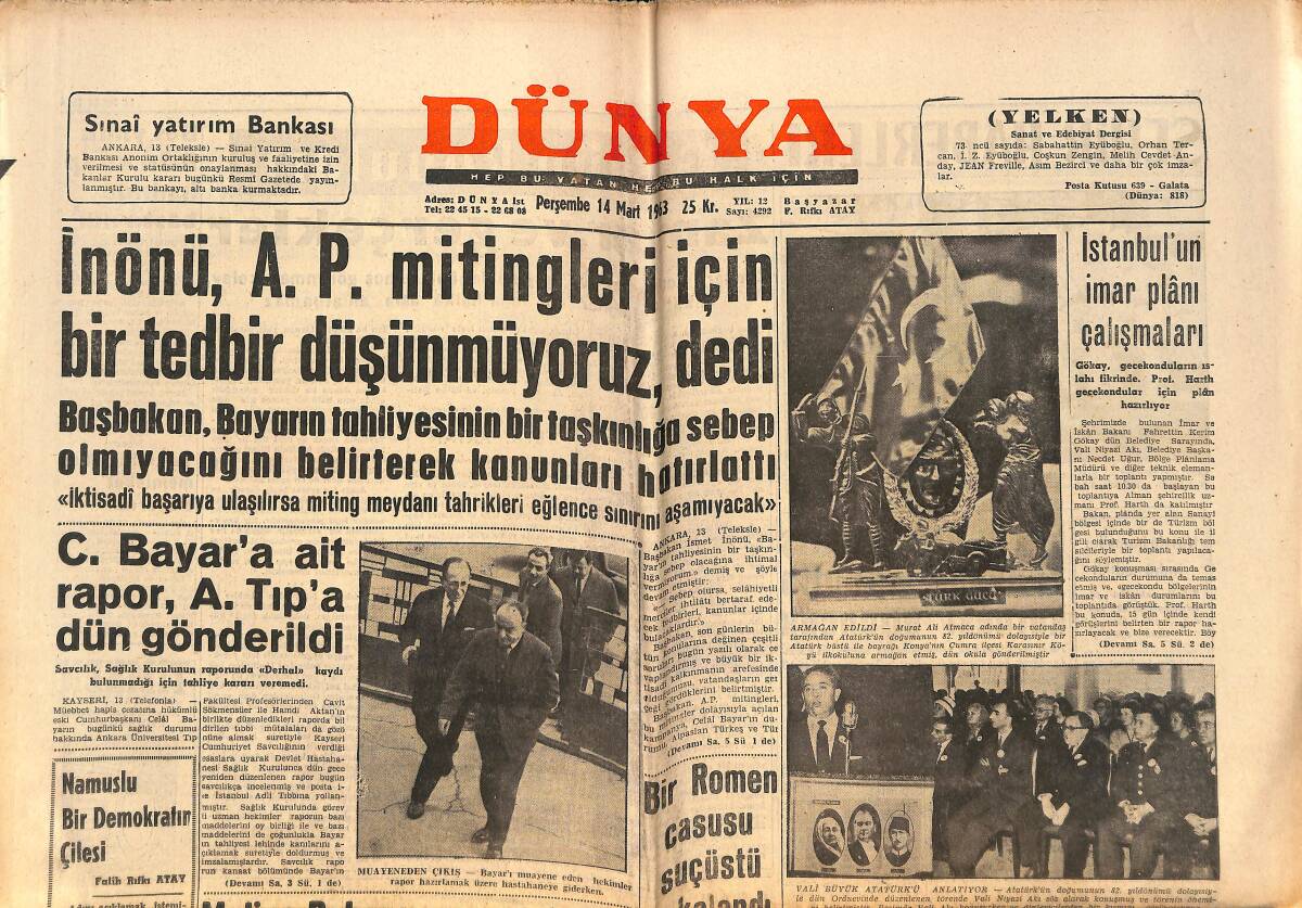 Dünya Gazetesi 14 Mart 1963 - Amerikan Dışbakanı Rusk Türkiye'yi Ziyaret Edecek - İstanbul'un İmar Planı Çalışmaları GZ150527 - 1