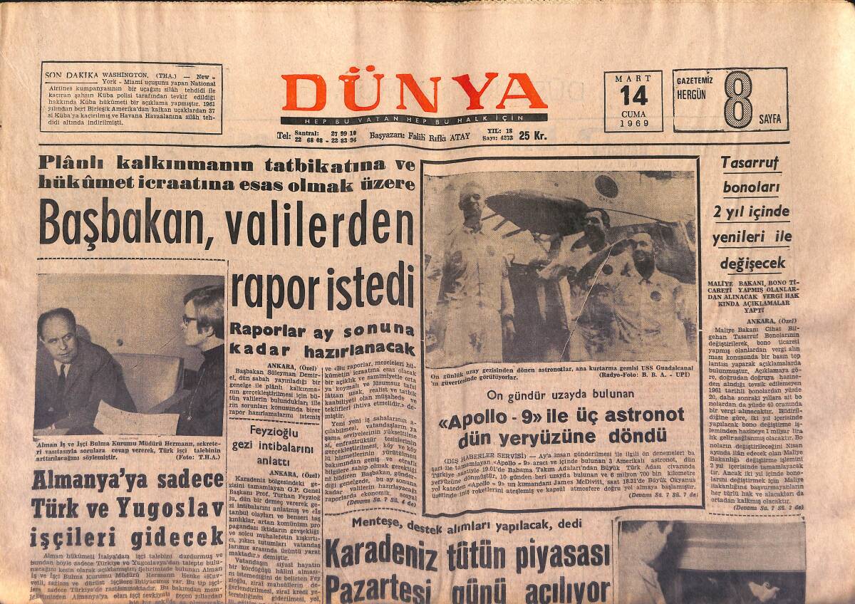 Dünya Gazetesi 14 Mart 1969 - Ruslara Karşı 400 Milyon Kişi Gösteri Yaptı - Pakistan'da Partiler Anlaştı GZ149606 - 1
