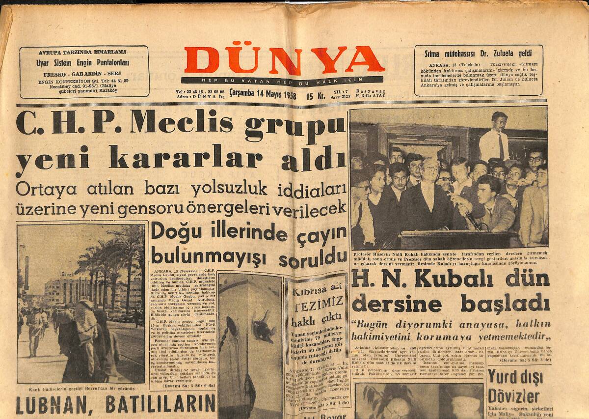 Dünya Gazetesi 14 Mayıs 1958 - Lana Turner Yine Sahnede - Galatasaray Irak'a Gidiyor - Prenses Grace GZ152237 - 1