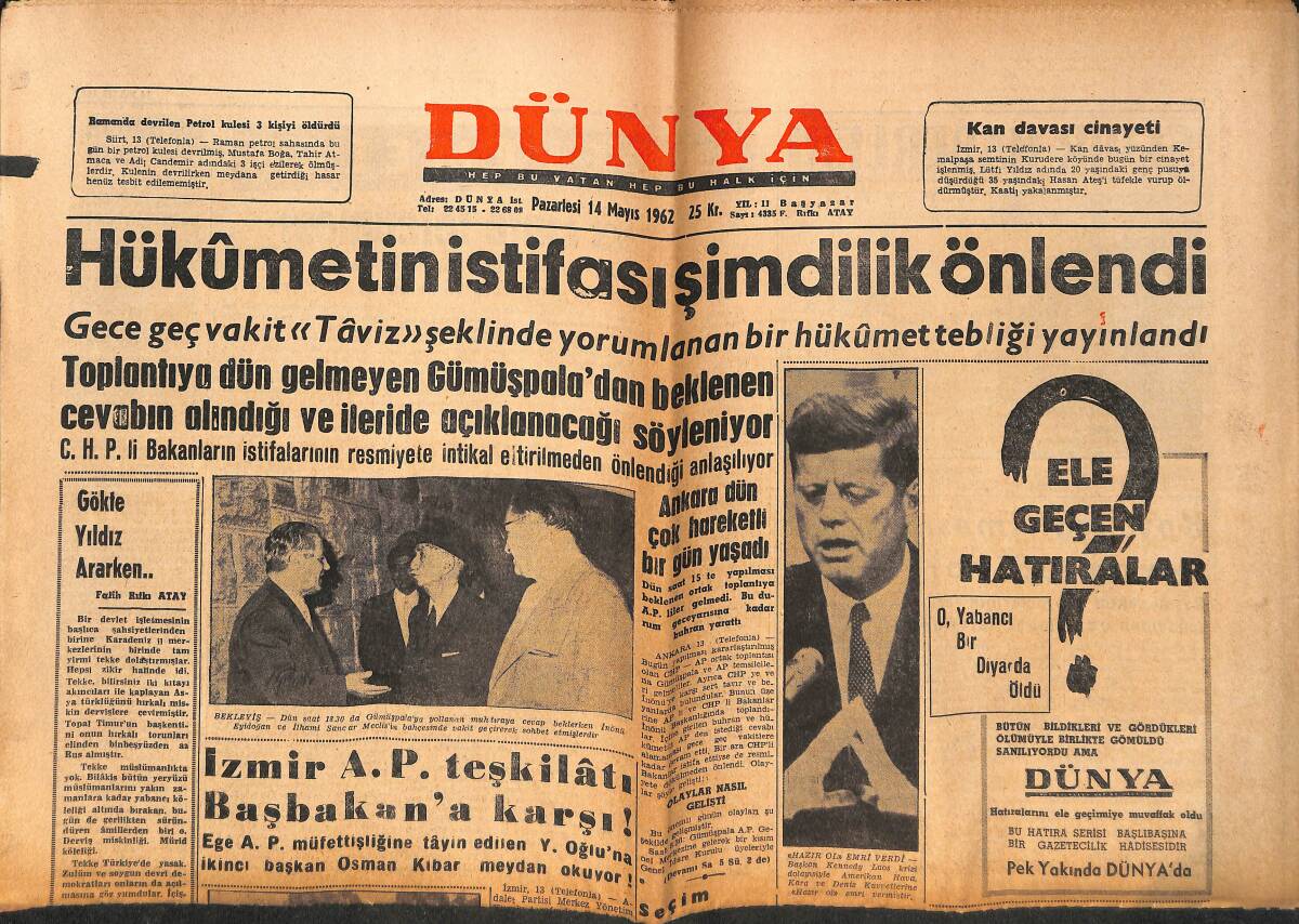 Dünya Gazetesi 14 Mayıs 1962 - Salan Ölmeye Hazırım Dedi - Kennedy Ordu'ya Hazır Ol Emrini Verdi GZ150550 - 1