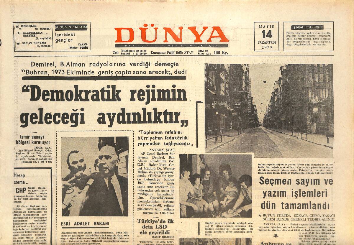 Dünya Gazetesi 14 Mayıs 1973 - Kızıl Anarşizm İle Savaş - İlk Traktör Sergisi Açılıyor - Rosemary'nin Bebeği GZ143017 - 1